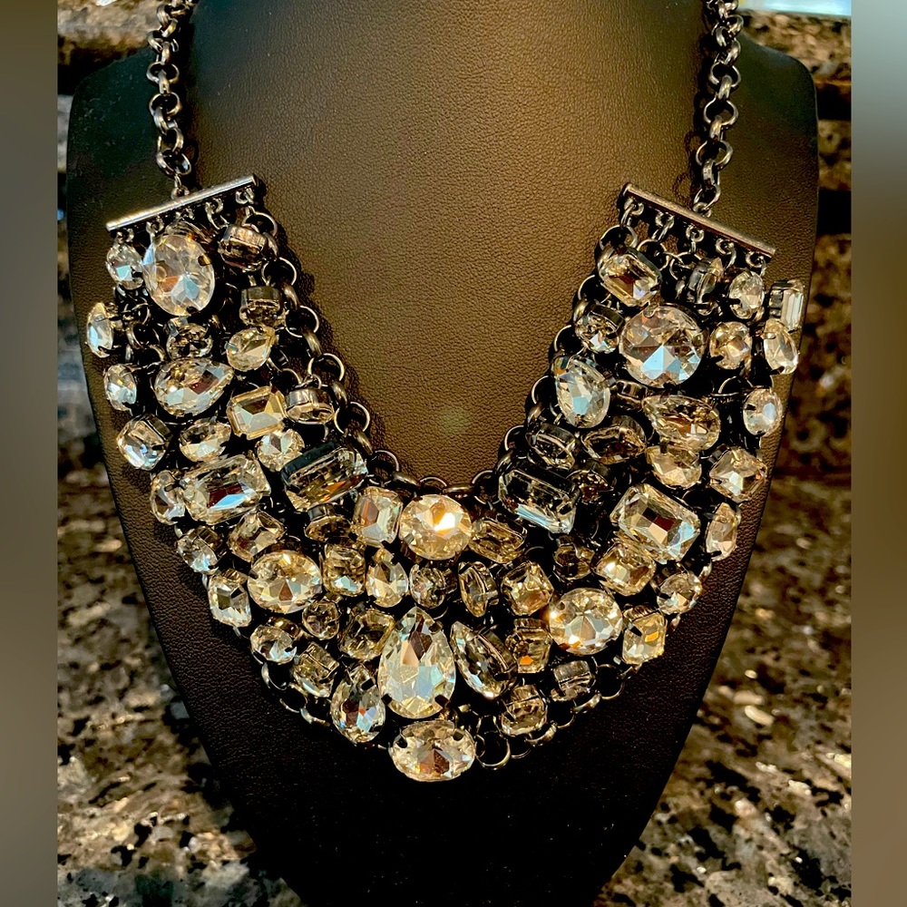 Statement Teardrop Emerald Cut White Rhinestone Necklace & Matching Earrings